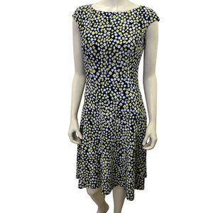 Chaps Navy & Yellow Geometric Print Cap Sleeve Fit & Flare Dress Women’s Size Md